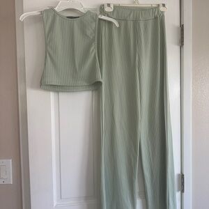 Nasty Gal Light Green Ribbed Top & pant set - lounge or vacation